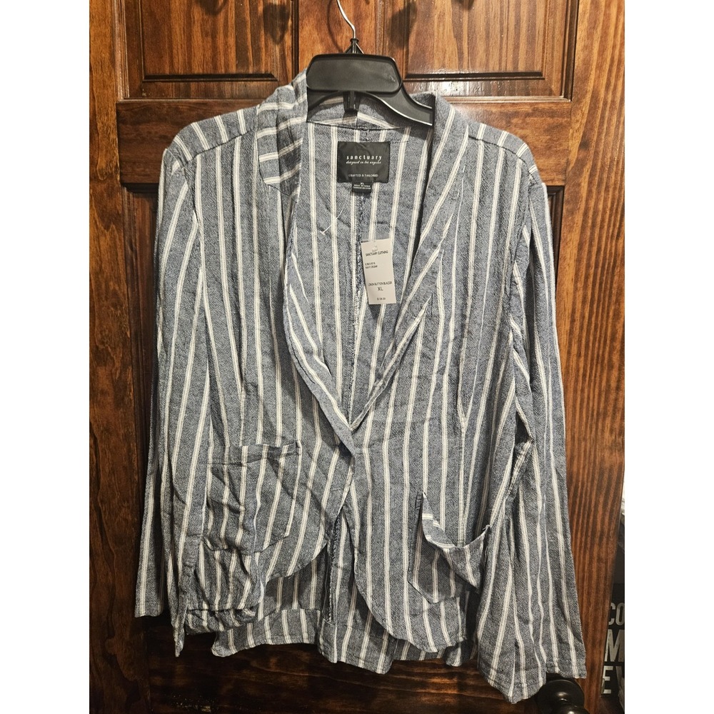 Sanctuary Women XL Linen Button Blazer Navy Cream Striped Cardigan XJ9033F016